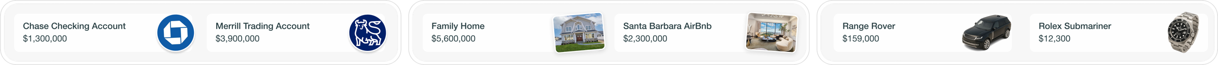Connected accounts — Chase, Merrill, Family Home, Santa Barbara AirBnb, Range Rover, Rolex Submariner